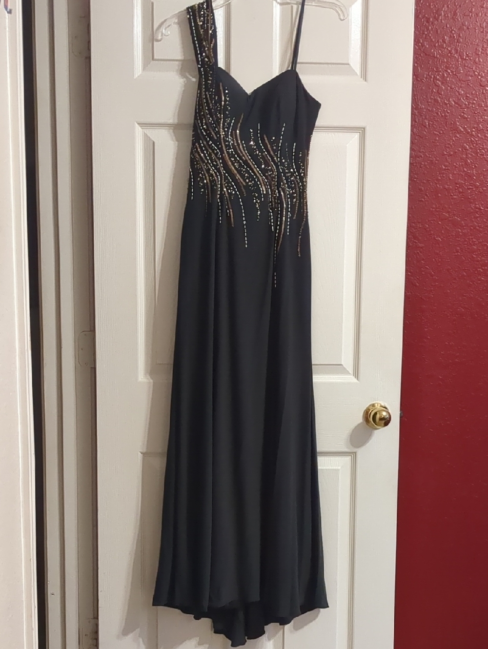 Xscape Gray Charcoal  One-Shoulder Evening Gown Gold-White-Black Beading Size 4